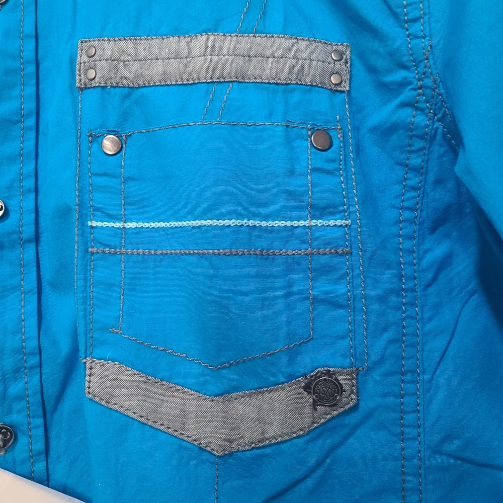NWT 100% Cotton Aqua and Gray Men's Casual Button-Down Shirt, Size XXL - Picture 7 of 15